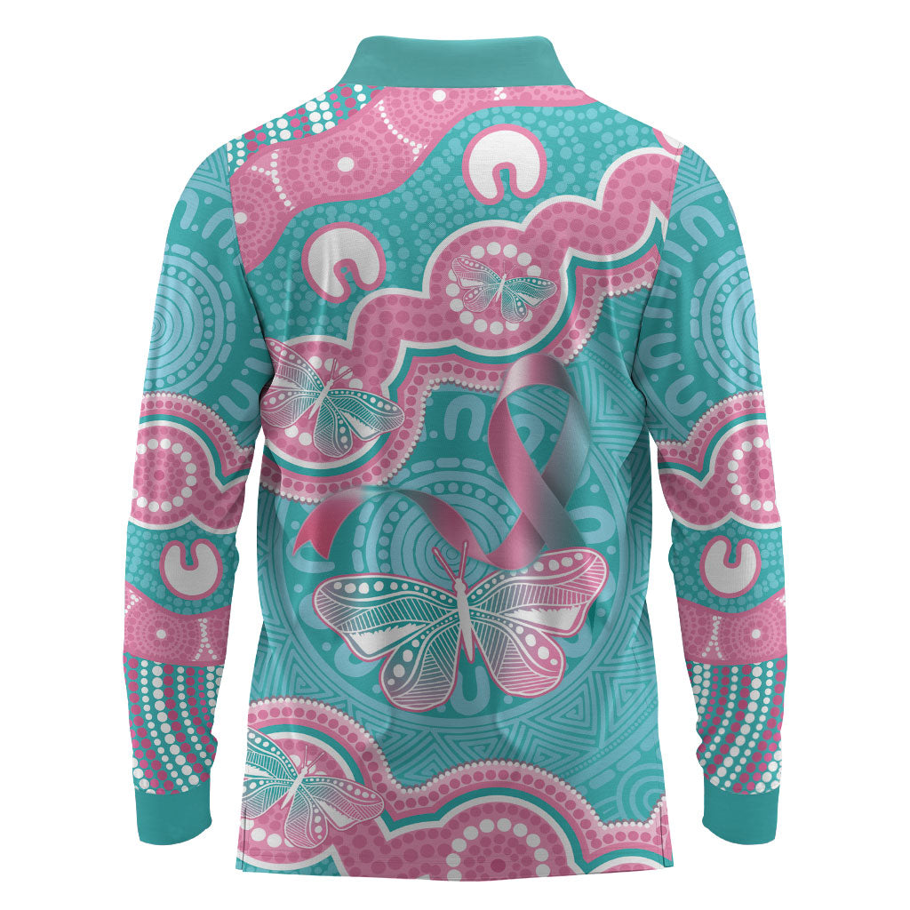 Hereditary And Gynecologic Cancer Support Long Sleeve Polo Shirt Teal Pink Ribbon Aboriginal Art