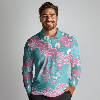 Hereditary And Gynecologic Cancer Support Long Sleeve Polo Shirt Teal Pink Ribbon Aboriginal Art