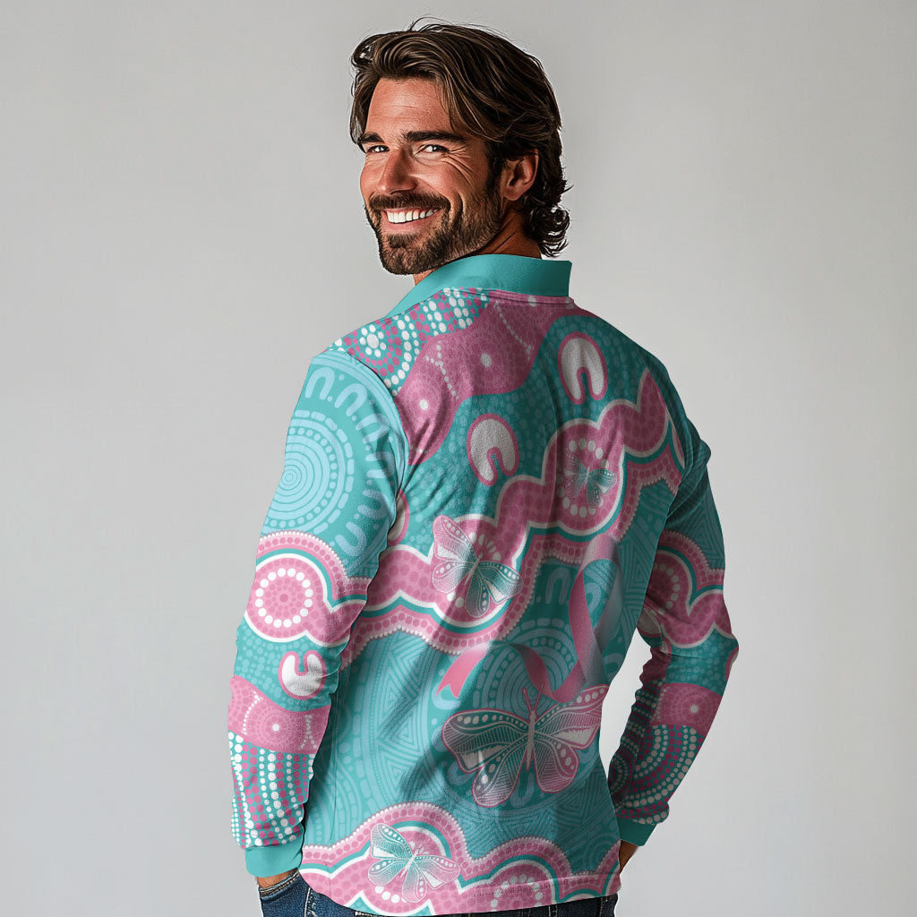 Hereditary And Gynecologic Cancer Support Long Sleeve Polo Shirt Teal Pink Ribbon Aboriginal Art