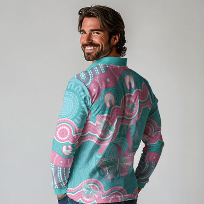 Hereditary And Gynecologic Cancer Support Long Sleeve Polo Shirt Teal Pink Ribbon Aboriginal Art