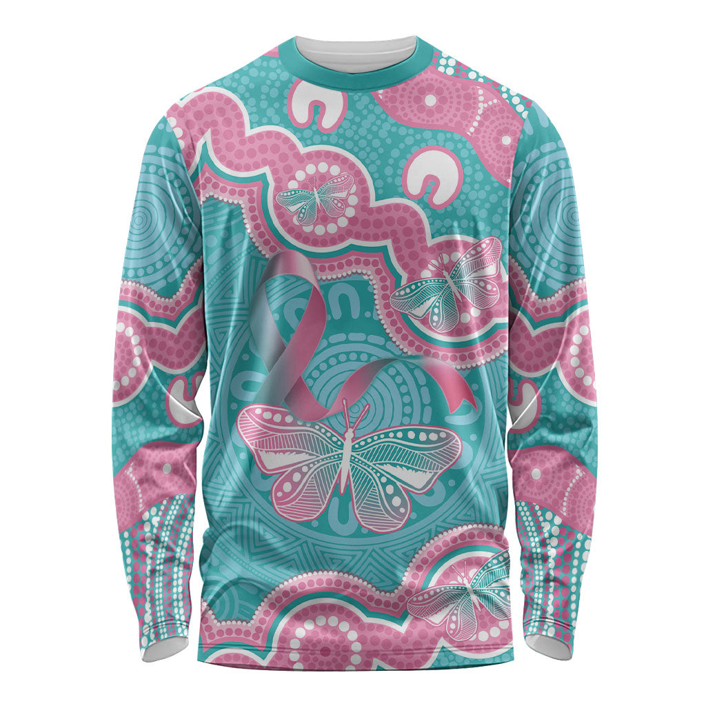 Hereditary And Gynecologic Cancer Support Long Sleeve Shirt Teal Pink Ribbon Aboriginal Art