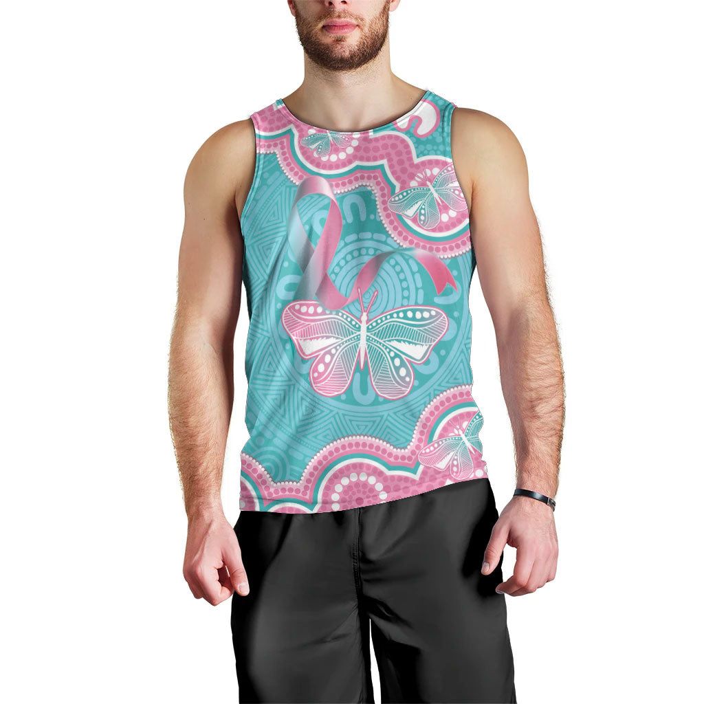 Hereditary And Gynecologic Cancer Support Men Tank Top Teal Pink Ribbon Aboriginal Art
