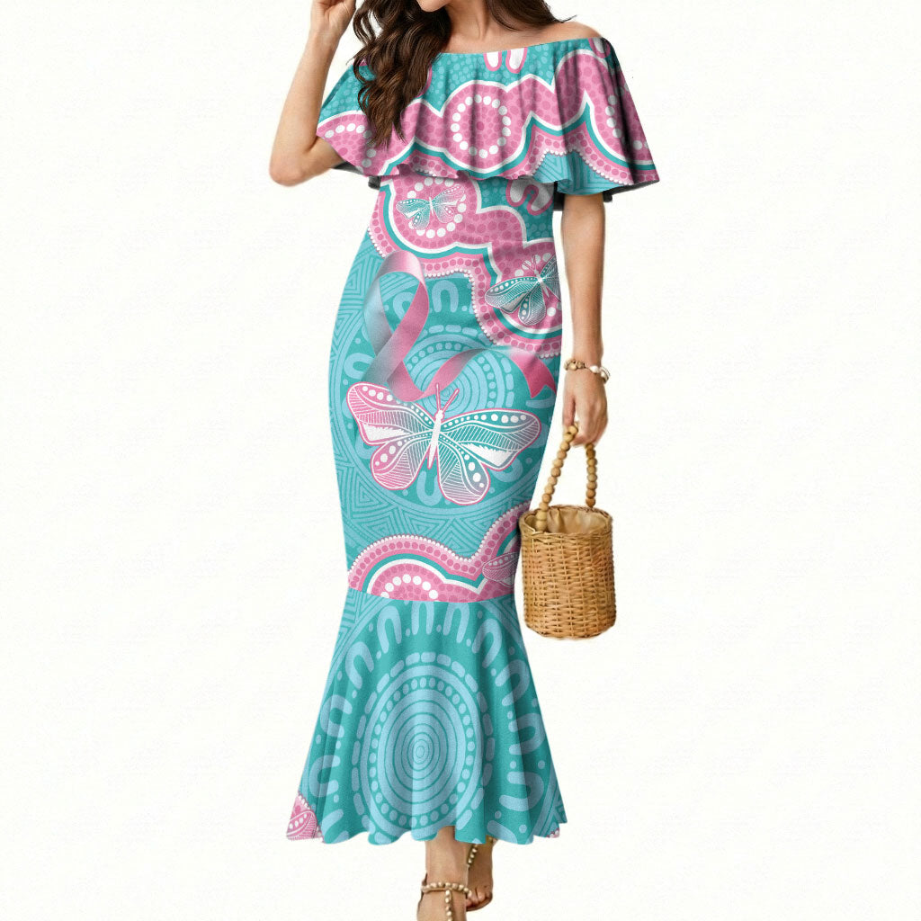 Hereditary And Gynecologic Cancer Support Mermaid Dress Teal Pink Ribbon Aboriginal Art