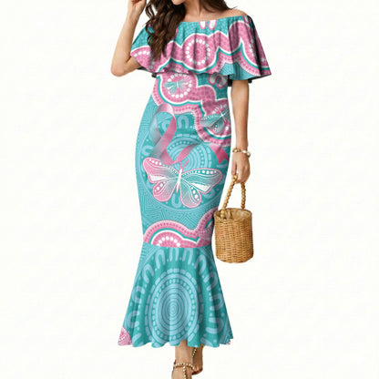 Hereditary And Gynecologic Cancer Support Mermaid Dress Teal Pink Ribbon Aboriginal Art