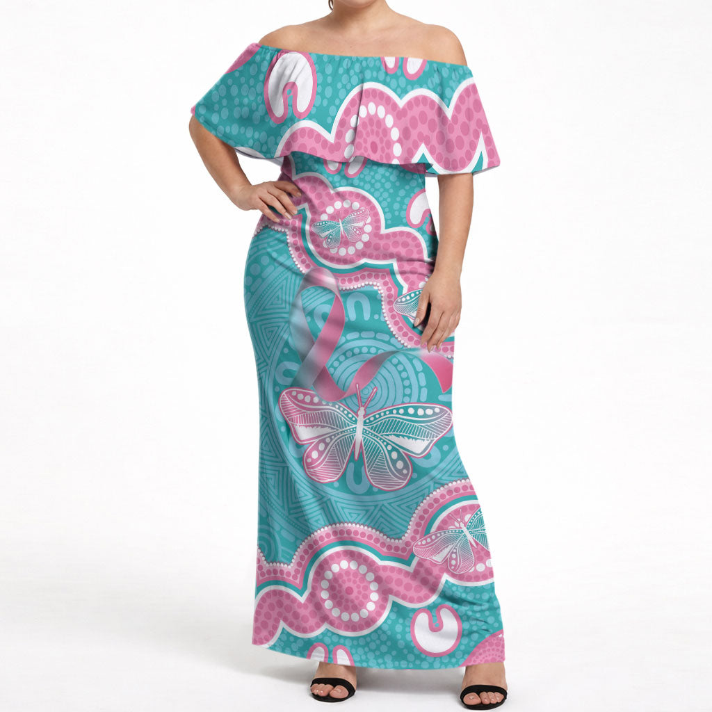 Hereditary And Gynecologic Cancer Support Off Shoulder Maxi Dress Teal Pink Ribbon Aboriginal Art