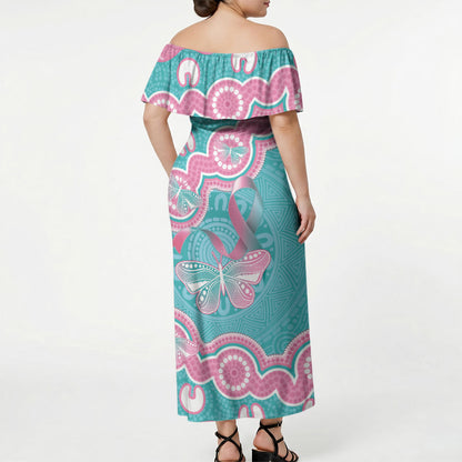 Hereditary And Gynecologic Cancer Support Off Shoulder Maxi Dress Teal Pink Ribbon Aboriginal Art