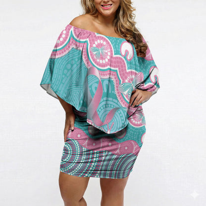 Hereditary And Gynecologic Cancer Support Off Shoulder Short Dress Teal Pink Ribbon Aboriginal Art