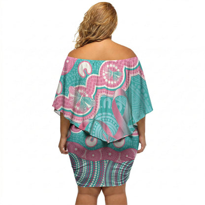 Hereditary And Gynecologic Cancer Support Off Shoulder Short Dress Teal Pink Ribbon Aboriginal Art