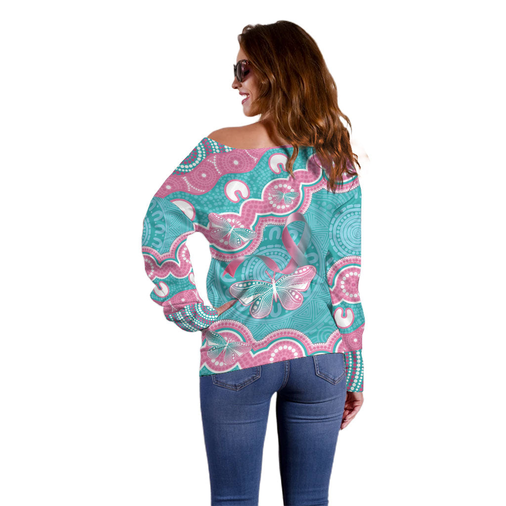 Hereditary And Gynecologic Cancer Support Off Shoulder Sweater Teal Pink Ribbon Aboriginal Art