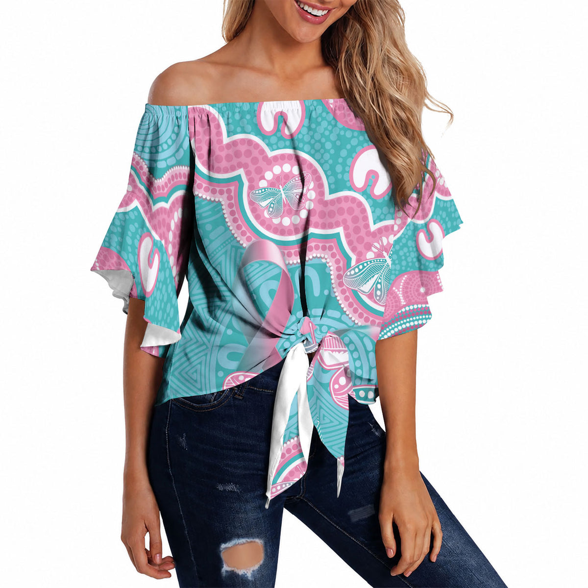 Hereditary And Gynecologic Cancer Support Off Shoulder Wrap Waist Top Teal Pink Ribbon Aboriginal Art
