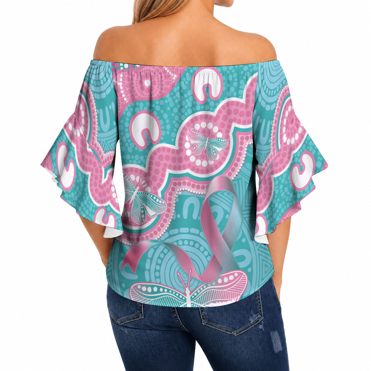 Hereditary And Gynecologic Cancer Support Off Shoulder Wrap Waist Top Teal Pink Ribbon Aboriginal Art