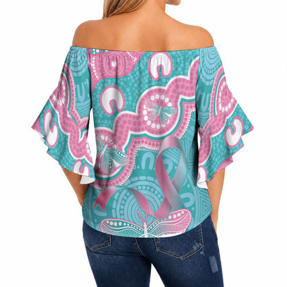 Hereditary And Gynecologic Cancer Support Off Shoulder Wrap Waist Top Teal Pink Ribbon Aboriginal Art