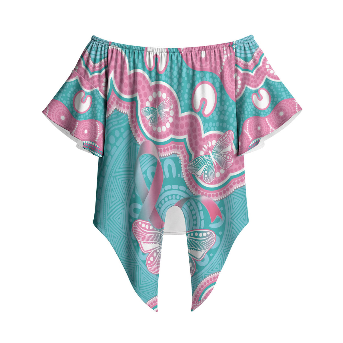 Hereditary And Gynecologic Cancer Support Off Shoulder Wrap Waist Top Teal Pink Ribbon Aboriginal Art