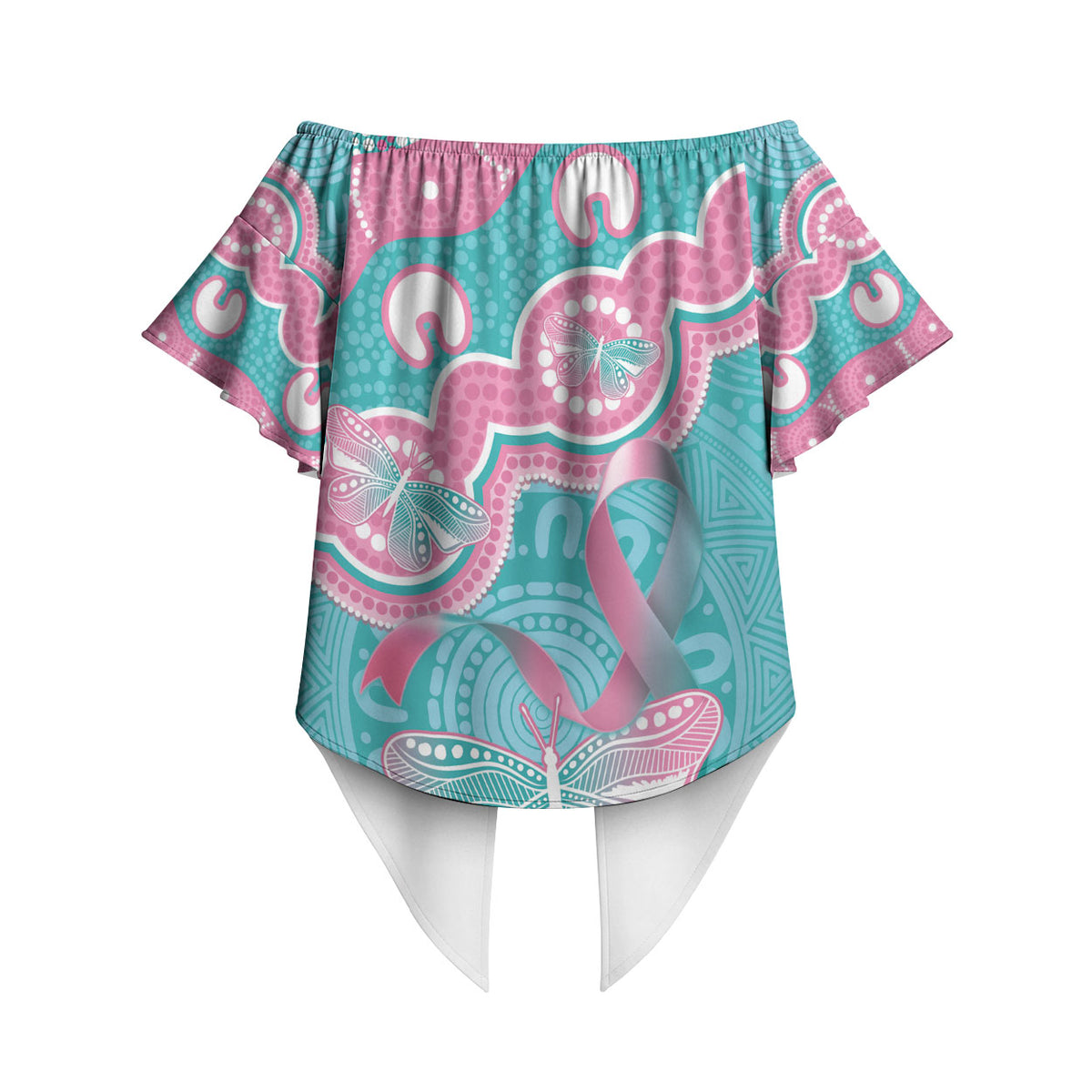 Hereditary And Gynecologic Cancer Support Off Shoulder Wrap Waist Top Teal Pink Ribbon Aboriginal Art