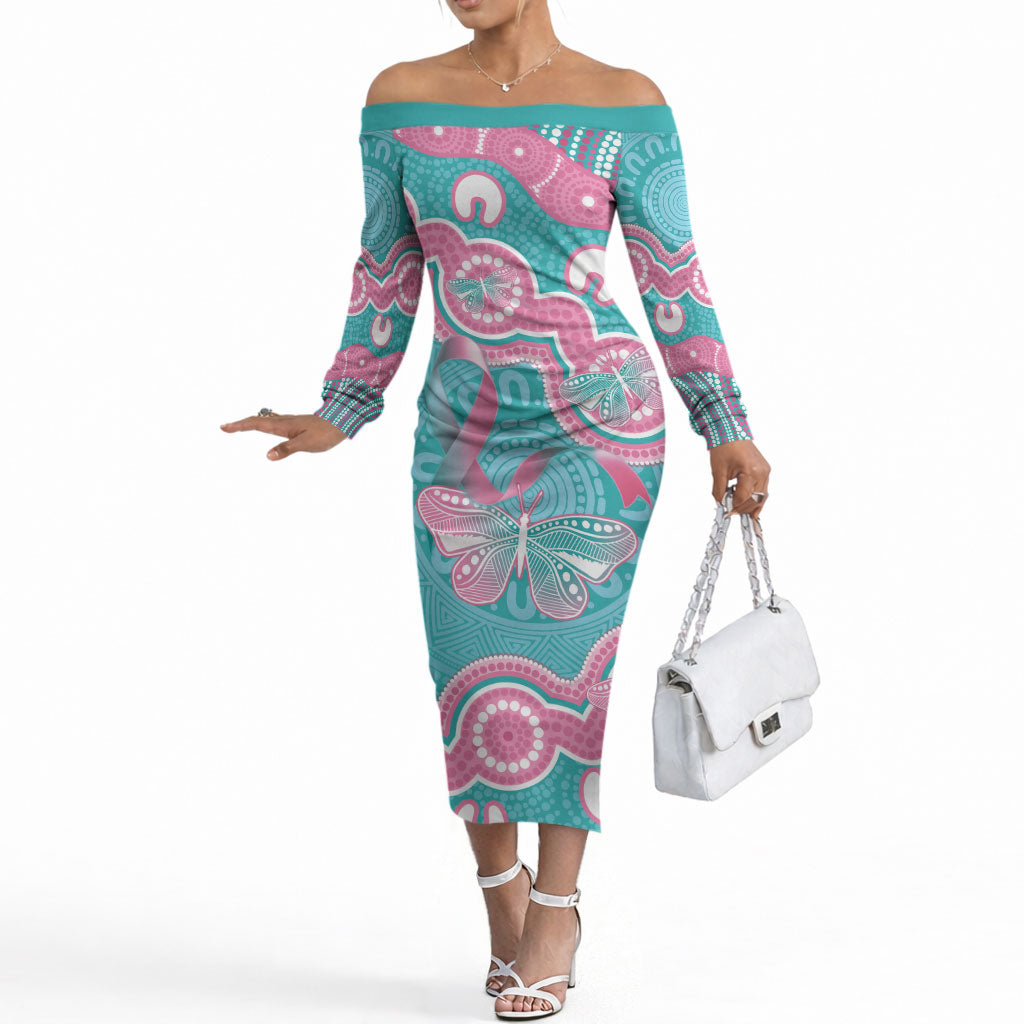 Hereditary And Gynecologic Cancer Support Off The Shoulder Long Sleeve Dress Teal Pink Ribbon Aboriginal Art