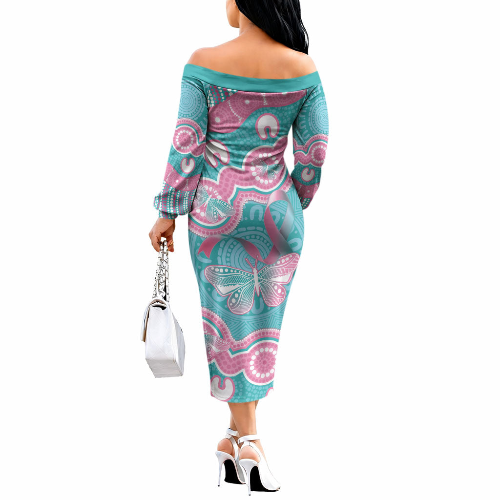 Hereditary And Gynecologic Cancer Support Off The Shoulder Long Sleeve Dress Teal Pink Ribbon Aboriginal Art