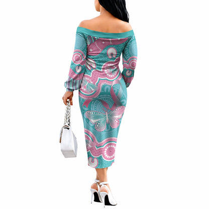 Hereditary And Gynecologic Cancer Support Off The Shoulder Long Sleeve Dress Teal Pink Ribbon Aboriginal Art