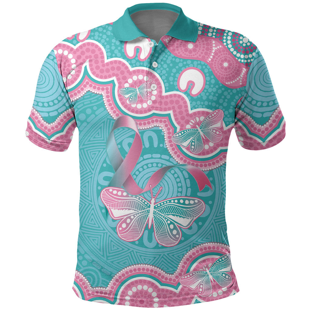 Hereditary And Gynecologic Cancer Support Polo Shirt Teal Pink Ribbon Aboriginal Art