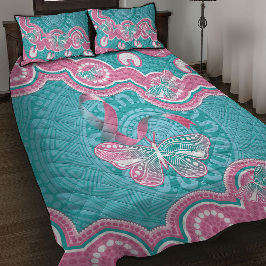 Hereditary And Gynecologic Cancer Support Quilt Bed Set Teal Pink Ribbon Aboriginal Art