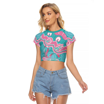 Hereditary And Gynecologic Cancer Support Raglan Cropped T Shirt Teal Pink Ribbon Aboriginal Art