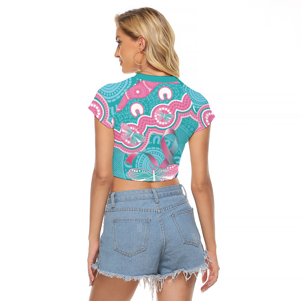 Hereditary And Gynecologic Cancer Support Raglan Cropped T Shirt Teal Pink Ribbon Aboriginal Art
