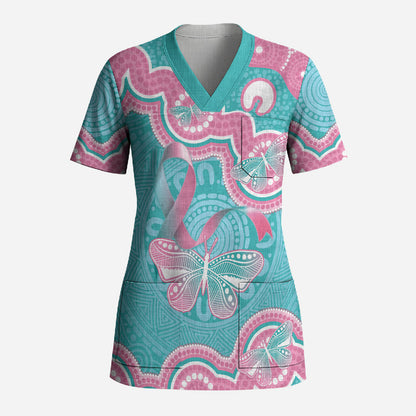 Hereditary And Gynecologic Cancer Support Scrub Top Teal Pink Ribbon Aboriginal Art