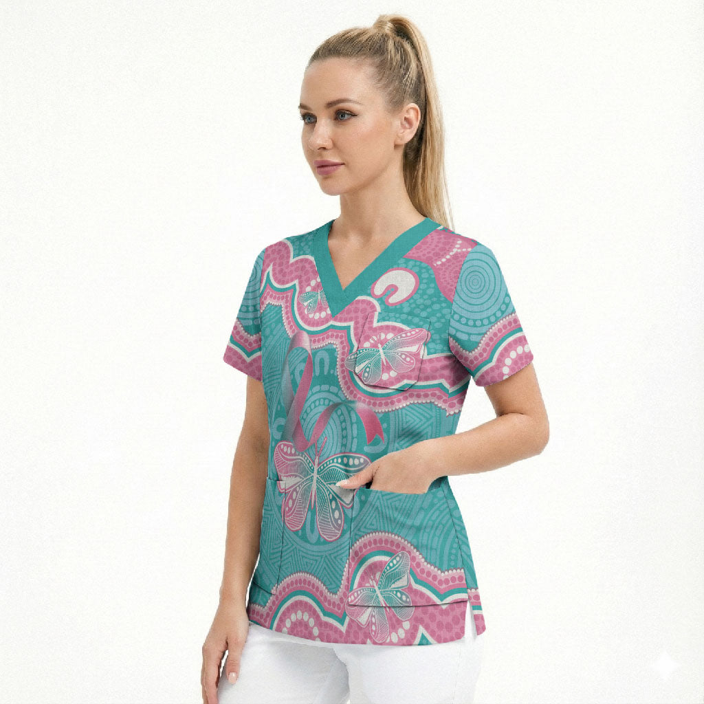 Hereditary And Gynecologic Cancer Support Scrub Top Teal Pink Ribbon Aboriginal Art