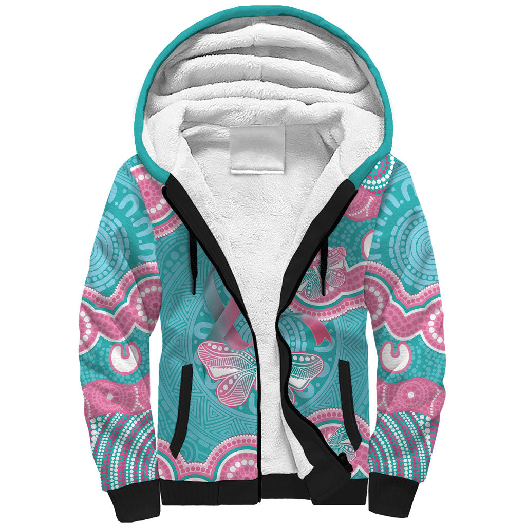 Hereditary And Gynecologic Cancer Support Sherpa Hoodie Teal Pink Ribbon Aboriginal Art