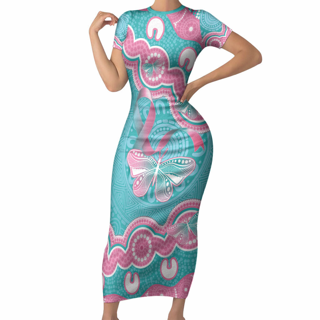 Hereditary And Gynecologic Cancer Support Short Sleeve Bodycon Dress Teal Pink Ribbon Aboriginal Art
