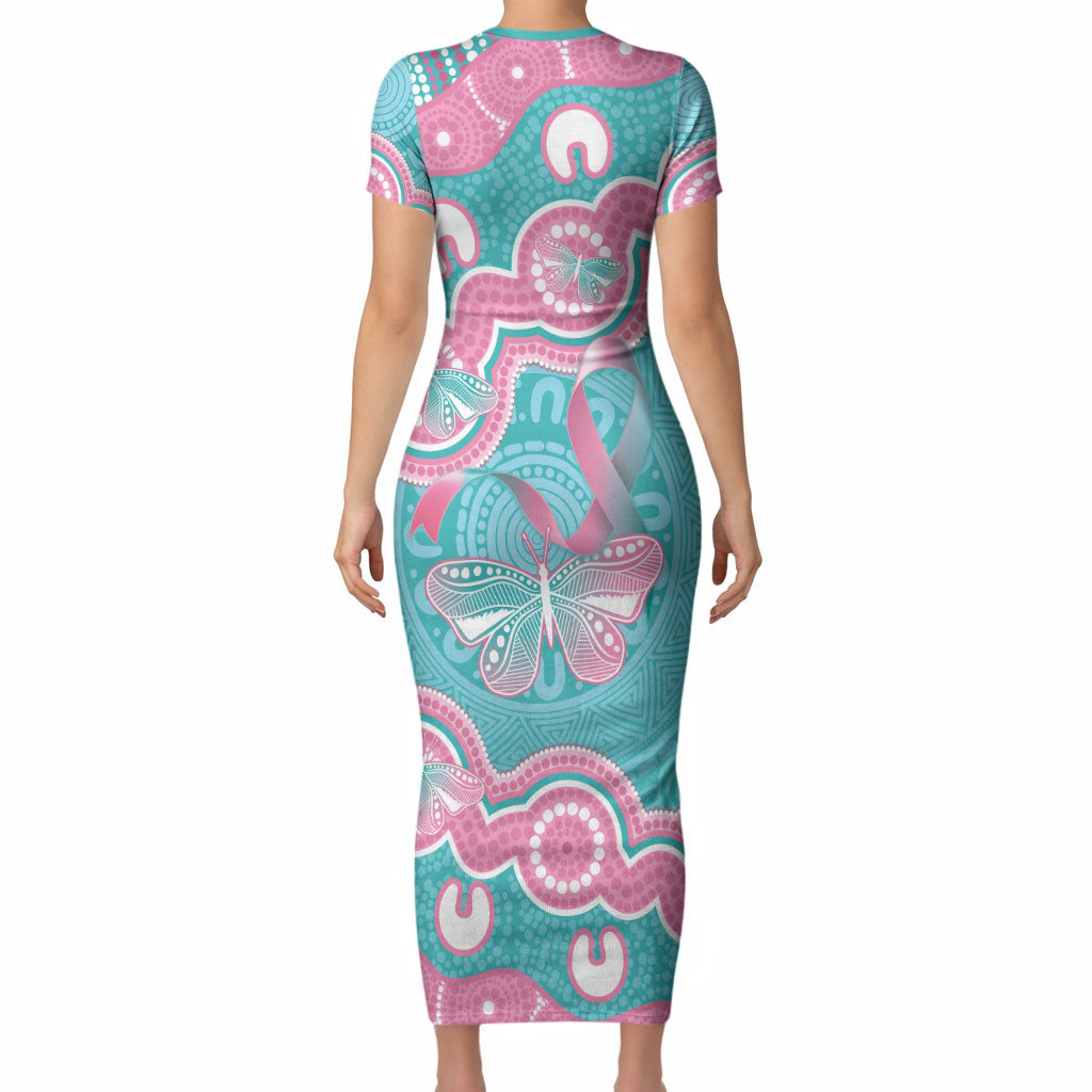 Hereditary And Gynecologic Cancer Support Short Sleeve Bodycon Dress Teal Pink Ribbon Aboriginal Art