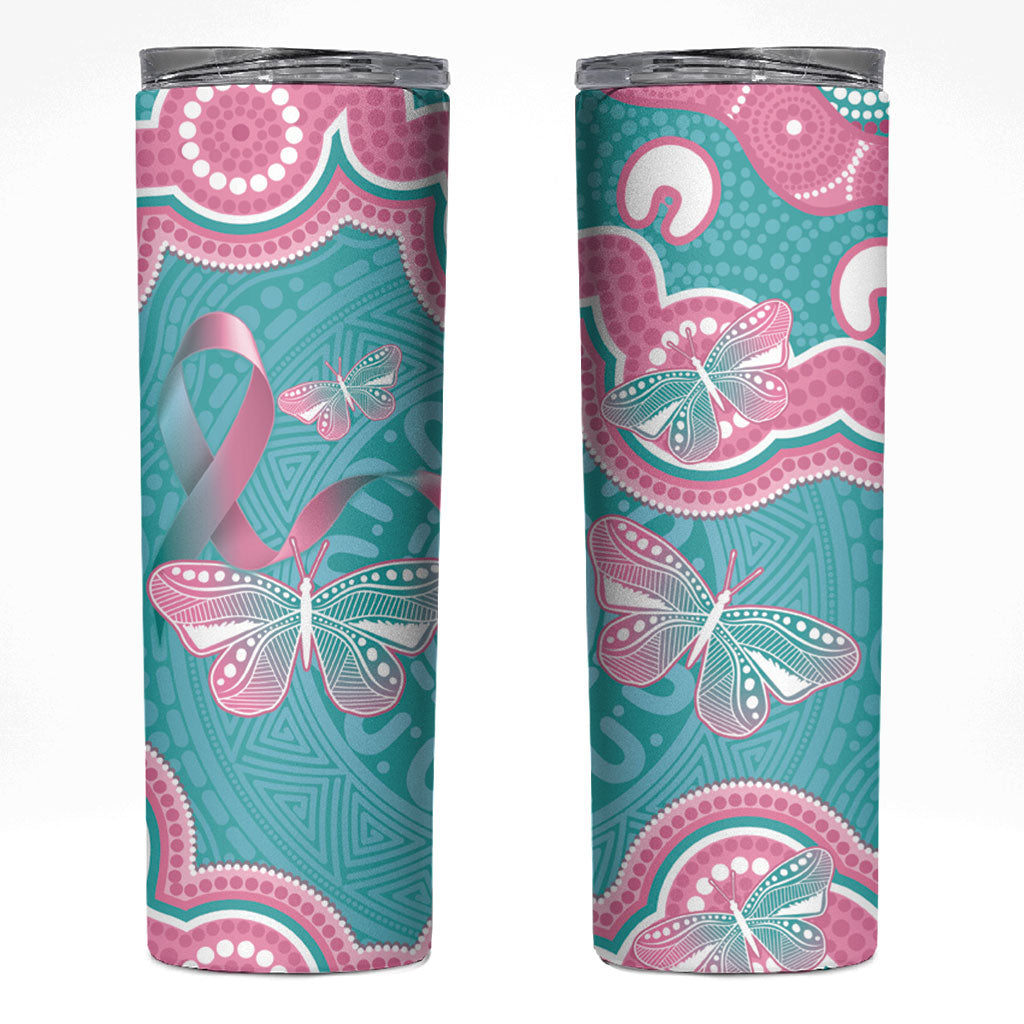 Hereditary And Gynecologic Cancer Support Skinny Tumbler Teal Pink Ribbon Aboriginal Art