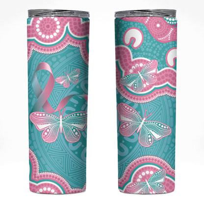 Hereditary And Gynecologic Cancer Support Skinny Tumbler Teal Pink Ribbon Aboriginal Art