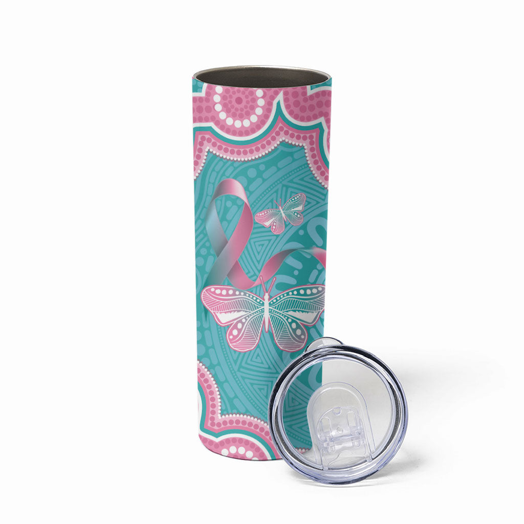 Hereditary And Gynecologic Cancer Support Skinny Tumbler Teal Pink Ribbon Aboriginal Art