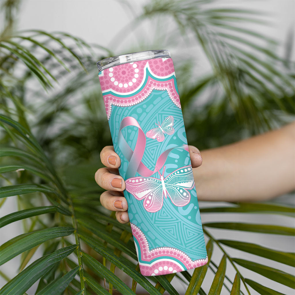 Hereditary And Gynecologic Cancer Support Skinny Tumbler Teal Pink Ribbon Aboriginal Art