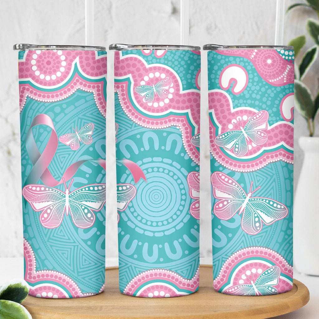 Hereditary And Gynecologic Cancer Support Skinny Tumbler Teal Pink Ribbon Aboriginal Art