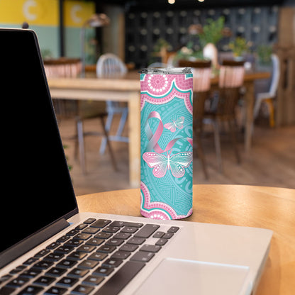 Hereditary And Gynecologic Cancer Support Skinny Tumbler Teal Pink Ribbon Aboriginal Art
