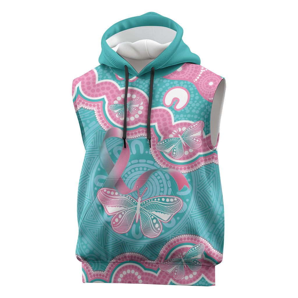 Hereditary And Gynecologic Cancer Support Sleeveless Hoodie Teal Pink Ribbon Aboriginal Art