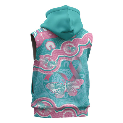 Hereditary And Gynecologic Cancer Support Sleeveless Hoodie Teal Pink Ribbon Aboriginal Art