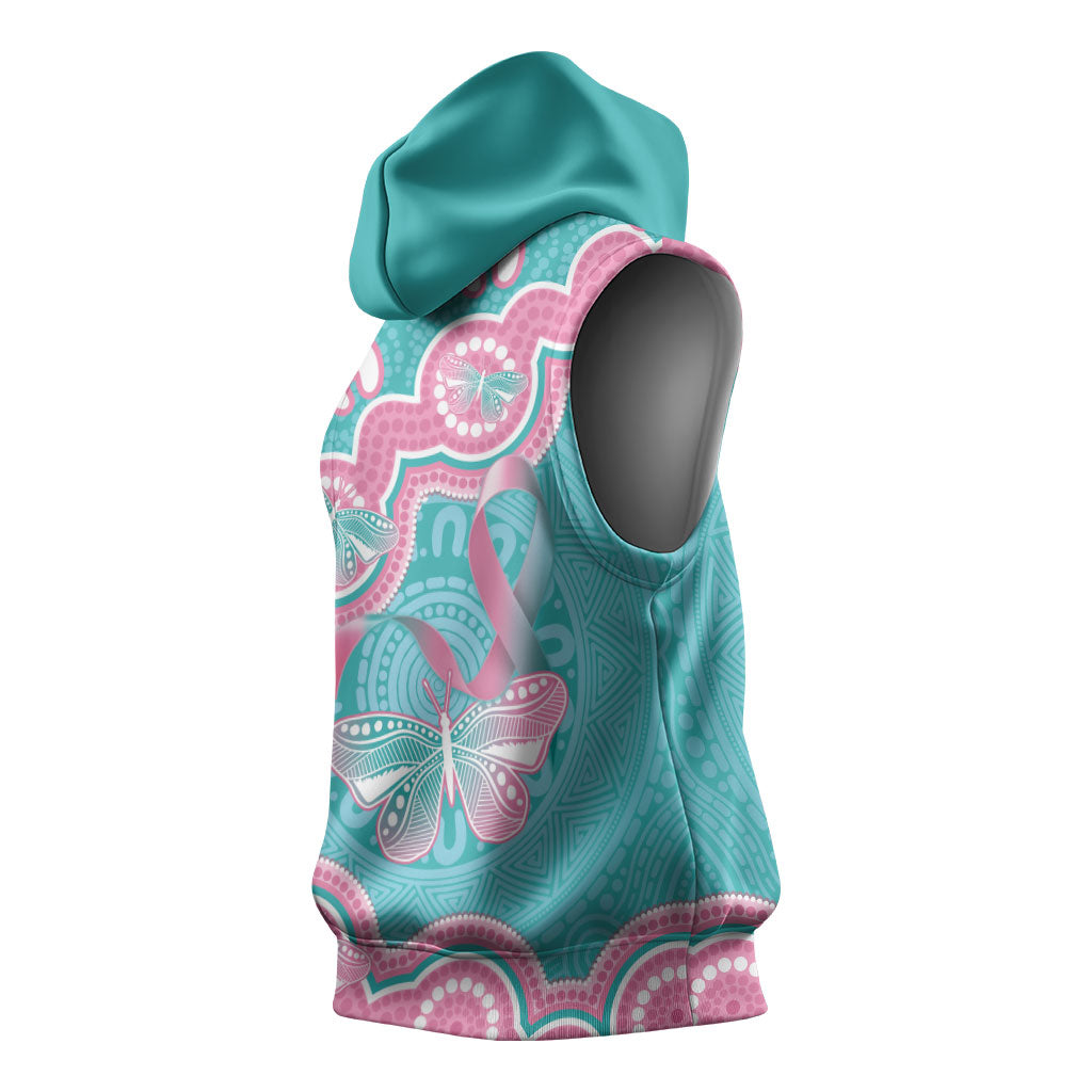Hereditary And Gynecologic Cancer Support Sleeveless Hoodie Teal Pink Ribbon Aboriginal Art