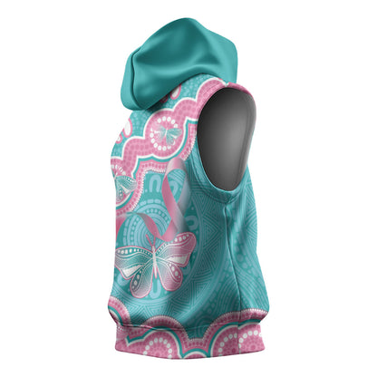 Hereditary And Gynecologic Cancer Support Sleeveless Hoodie Teal Pink Ribbon Aboriginal Art