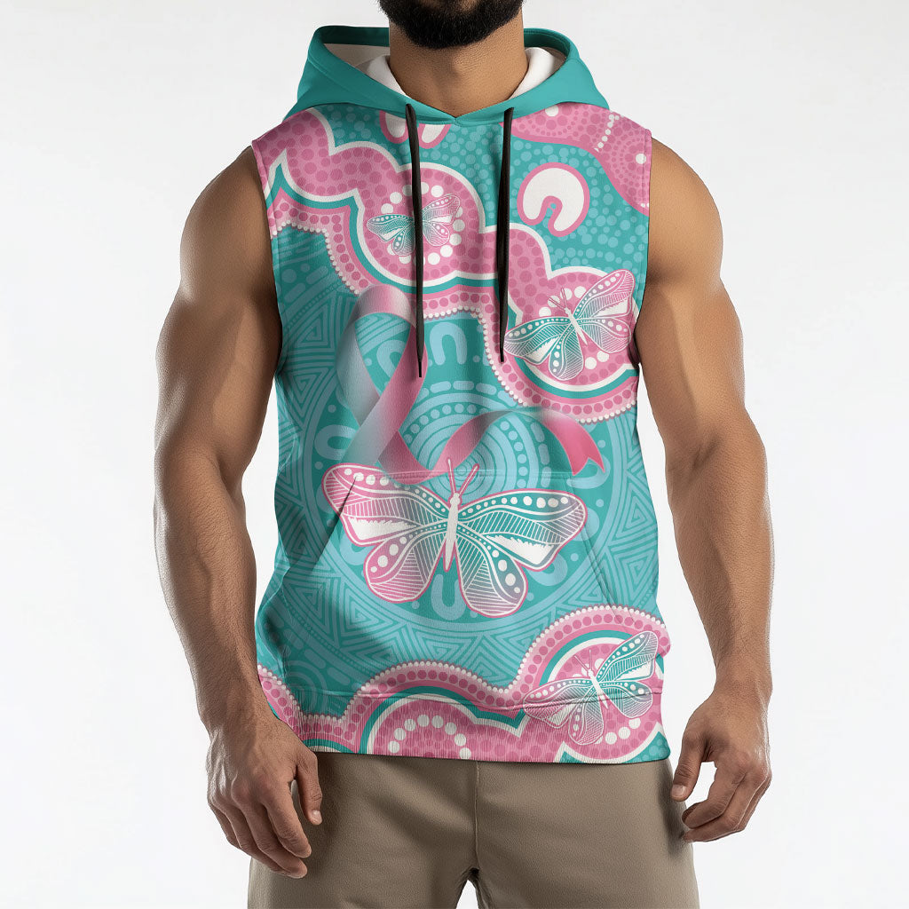 Hereditary And Gynecologic Cancer Support Sleeveless Hoodie Teal Pink Ribbon Aboriginal Art