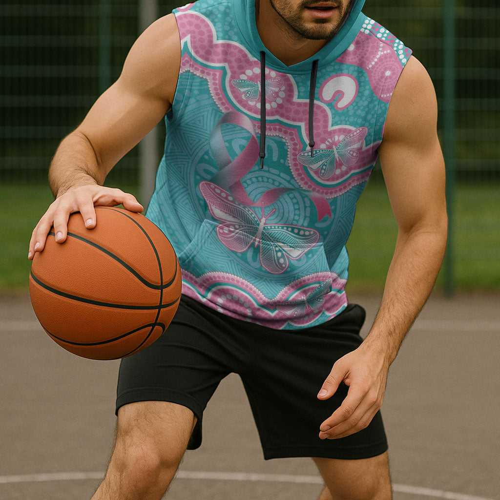 Hereditary And Gynecologic Cancer Support Sleeveless Hoodie Teal Pink Ribbon Aboriginal Art