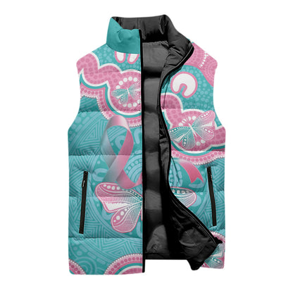 Hereditary And Gynecologic Cancer Support Sleeveless Puffer Jacket Teal Pink Ribbon Aboriginal Art