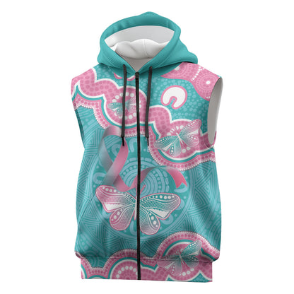 Hereditary And Gynecologic Cancer Support Sleeveless Zip Hoodie Teal Pink Ribbon Aboriginal Art