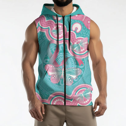 Hereditary And Gynecologic Cancer Support Sleeveless Zip Hoodie Teal Pink Ribbon Aboriginal Art