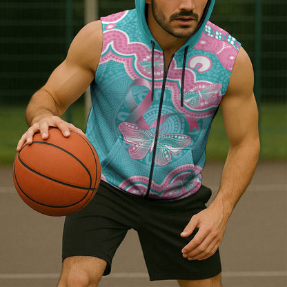 Hereditary And Gynecologic Cancer Support Sleeveless Zip Hoodie Teal Pink Ribbon Aboriginal Art