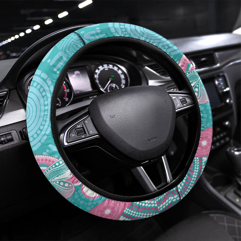 Hereditary And Gynecologic Cancer Support Steering Wheel Cover Teal Pink Ribbon Aboriginal Art