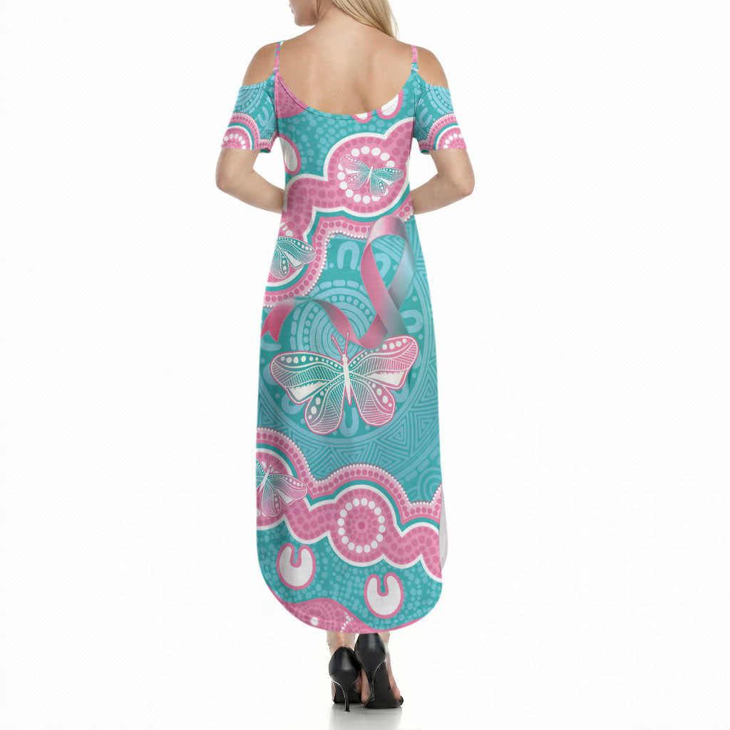 Hereditary And Gynecologic Cancer Support Summer Maxi Dress Teal Pink Ribbon Aboriginal Art