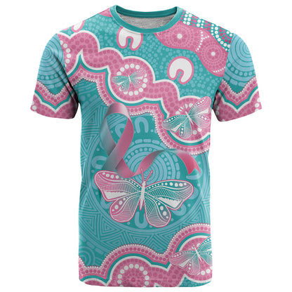 Hereditary And Gynecologic Cancer Support T Shirt Teal Pink Ribbon Aboriginal Art