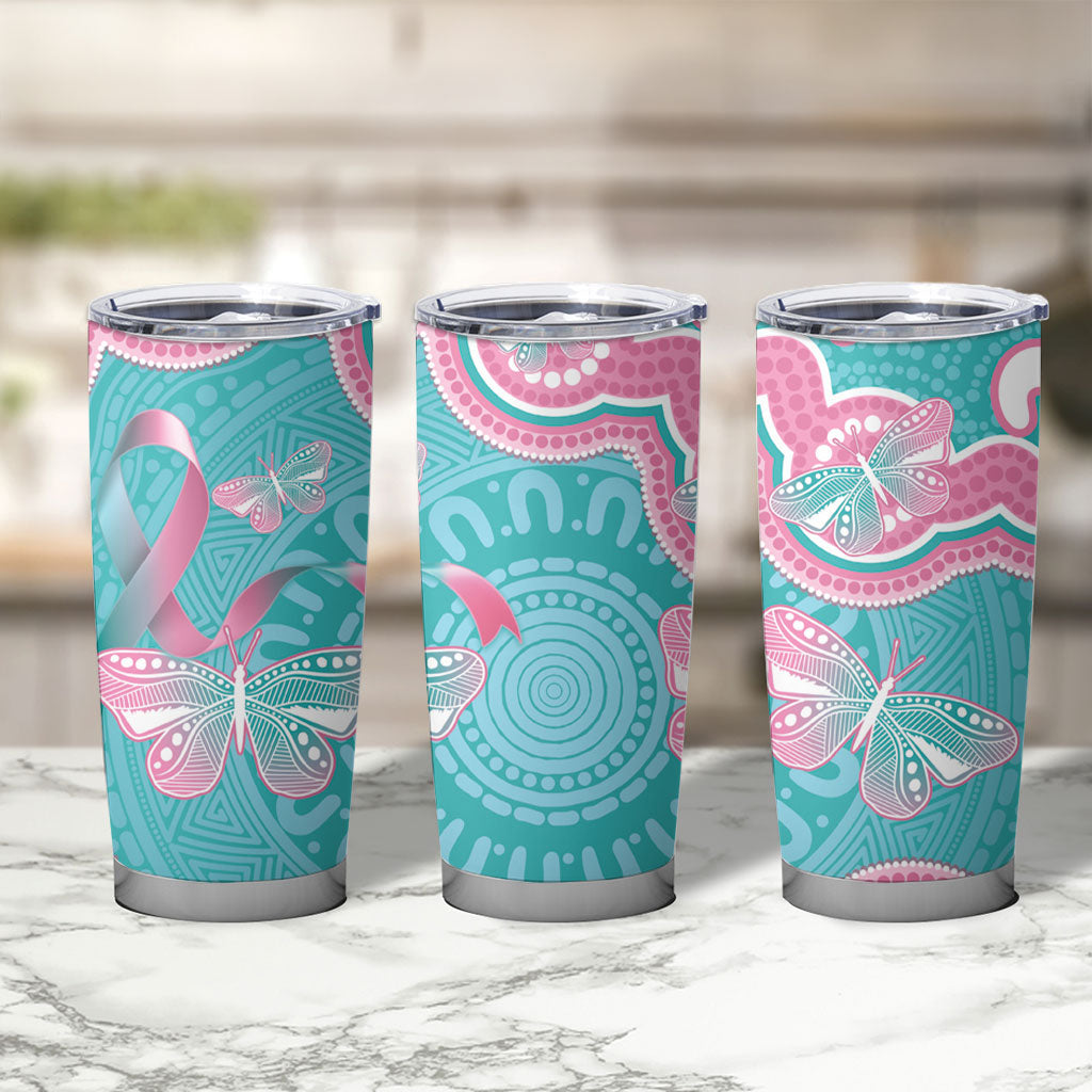 Hereditary And Gynecologic Cancer Support Tumbler Cup Teal Pink Ribbon Aboriginal Art